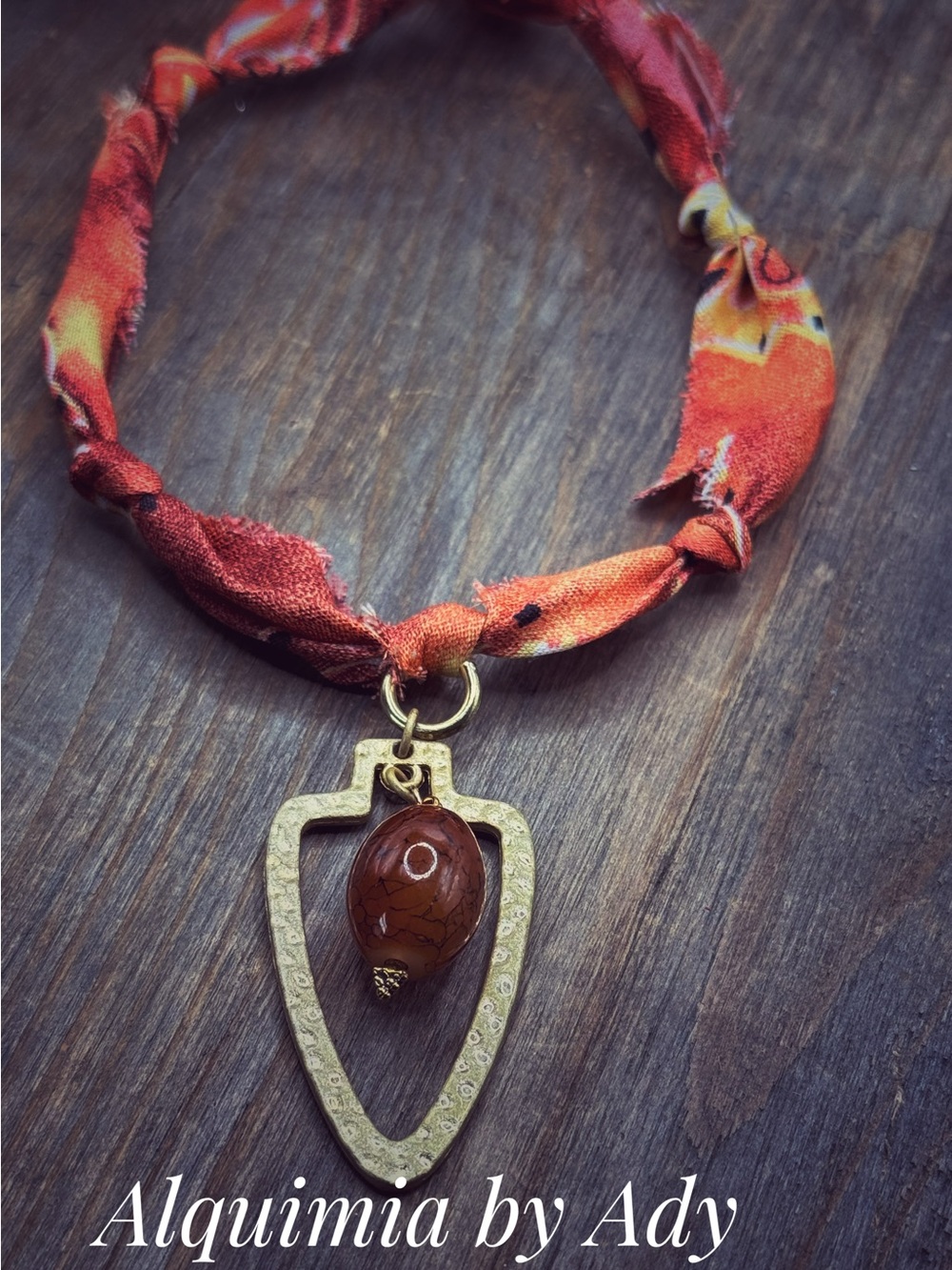 Burnt Orange and Gold Silk Ribbon Pendant Necklace